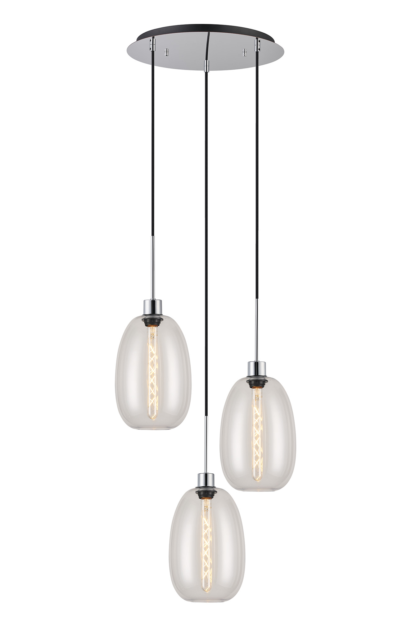 Lori 40cm Round Pendant, 3 Light Adjustable E27, Polished Chrome/Clear Slim Curved Trapezium Shades